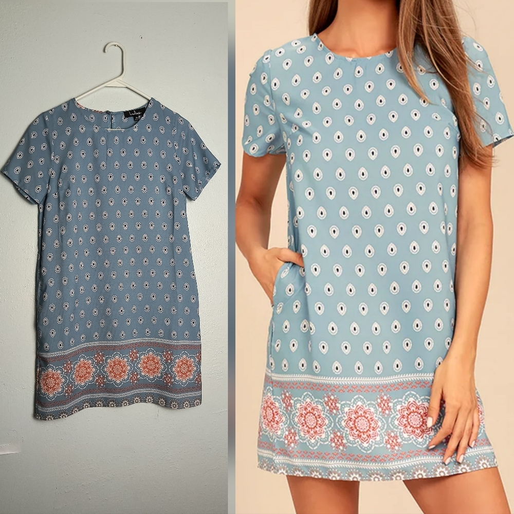 Lulu's XS Shift Dress XS Blue Print Pockets